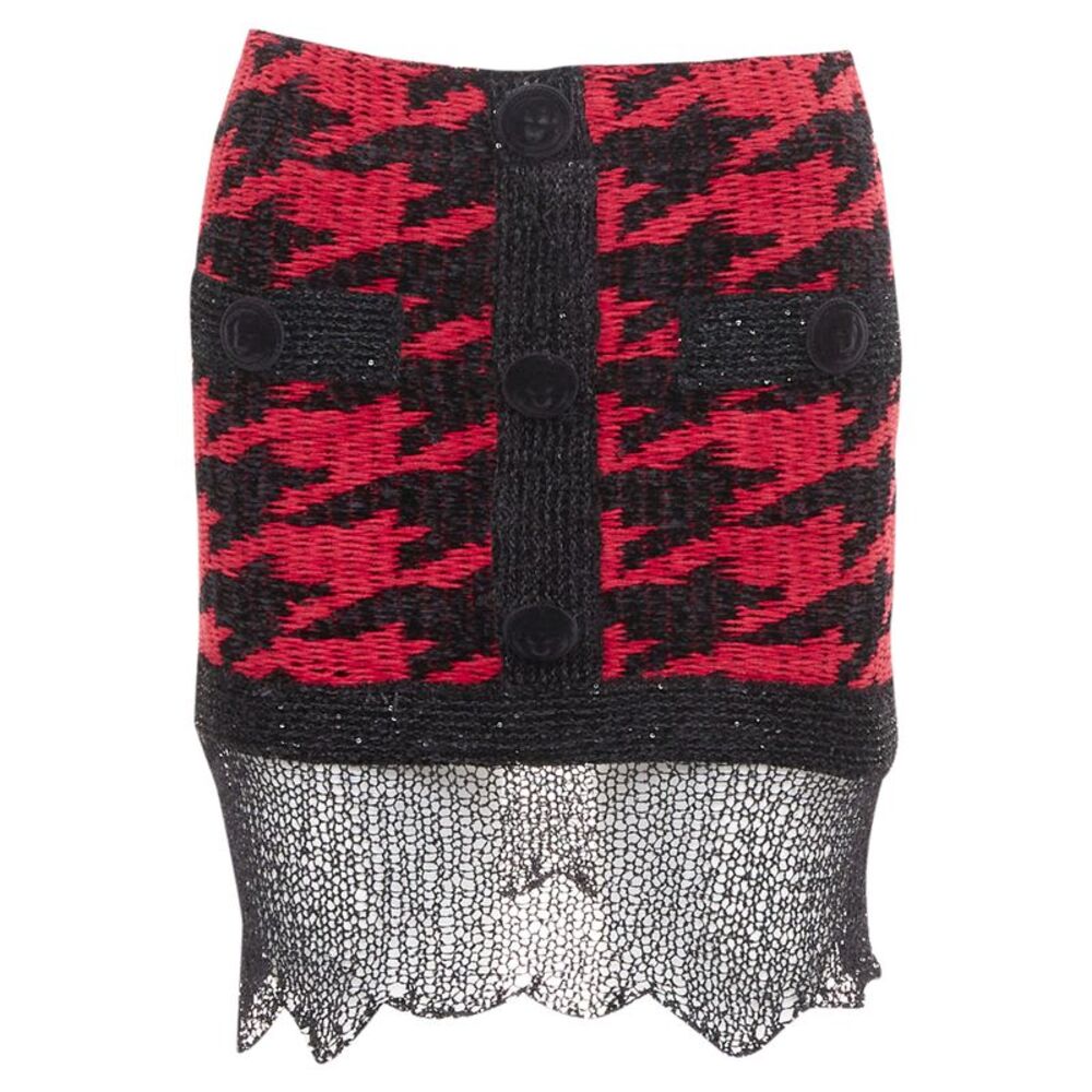 Balmain Red Tweed Sequin Velvet Button Skirt